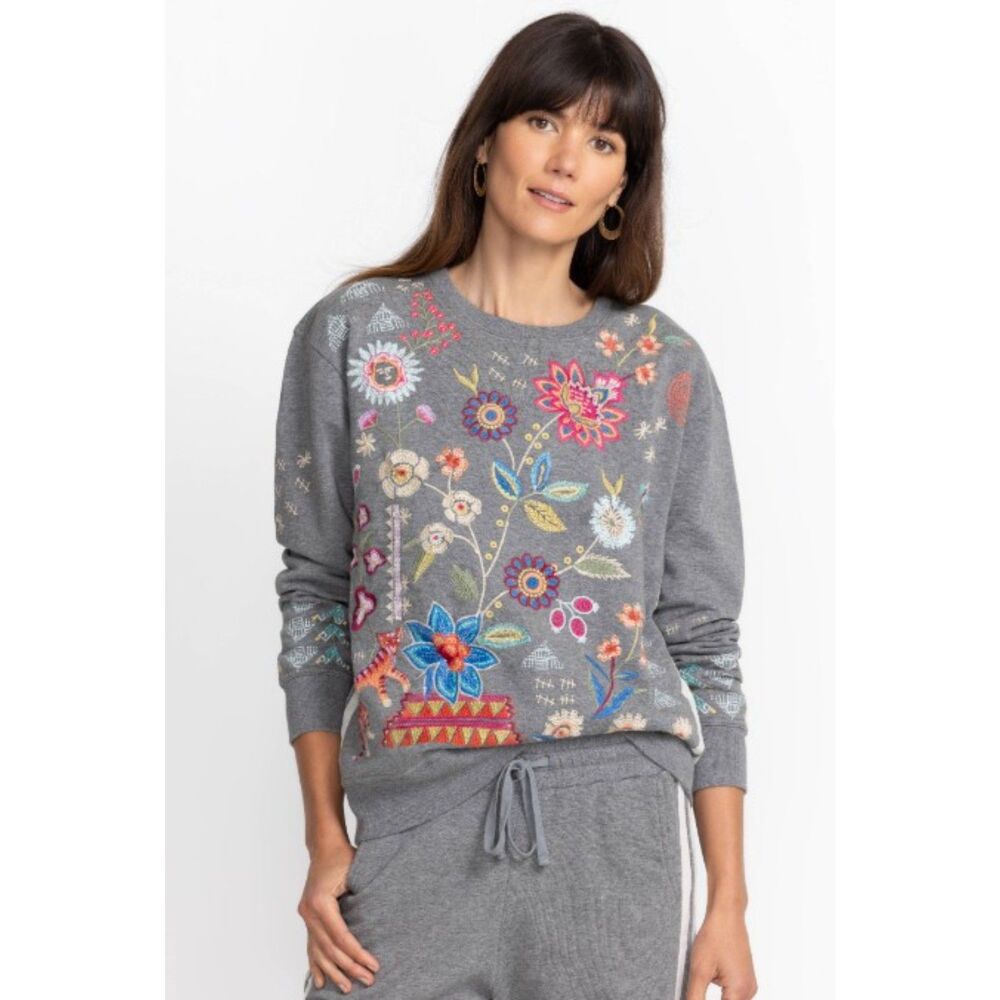 Johnny Was Griffin Ribbon Athletic Stripe Sweatshirt in Grey Marled size Small